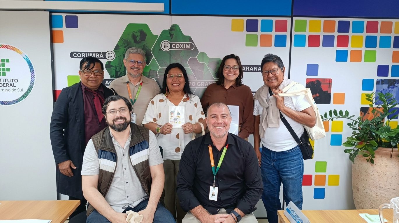 Reitora e pró-reitores do IFMS e presidentes das instituições no encontro para o convênio entre CMDDI, ICET, FOCAMS, IFMS e MPE/MS.